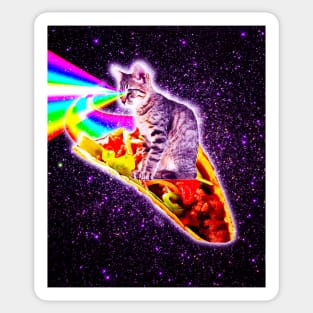 Rainbow Laser Eyes Galaxy Cat Riding Taco Sticker